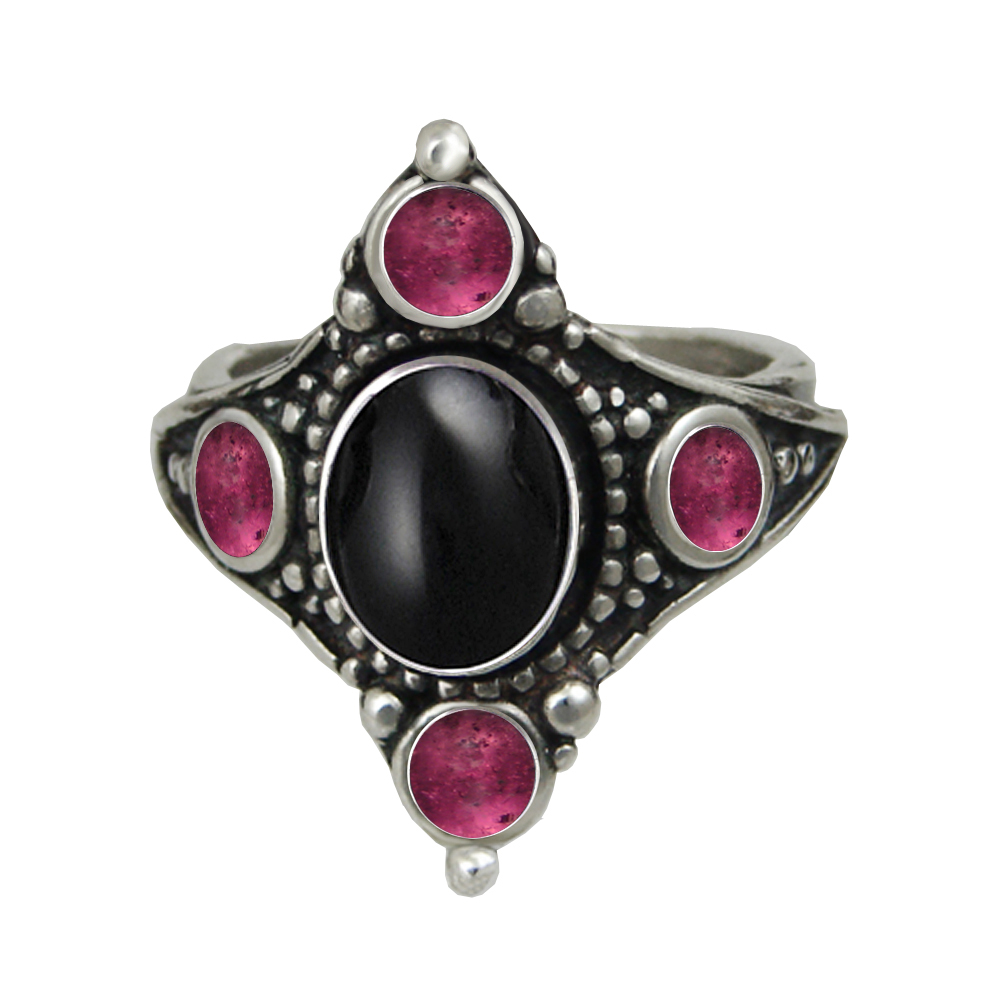 Sterling Silver Renaissance Queen's Ring With Black Onyx And Pink Tourmaline Size 10